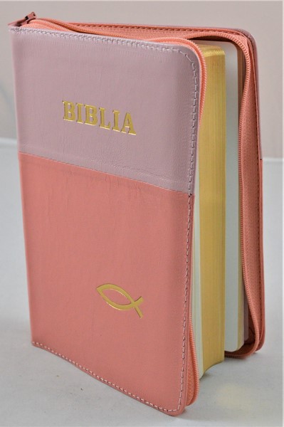 Biblia din piele, medie, coral/roz pal, fermoar, aurita, simbol peste, cuv. lui Isus cu rosu [052]