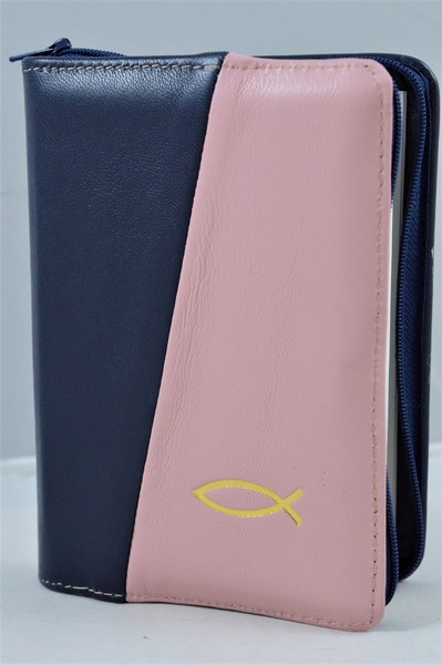 Biblie din piele, mica, bleumarin/roz pal, fermoar, margini albe, simbolul maini in ruga, cuv. lui Isus in rosu [043 PF]