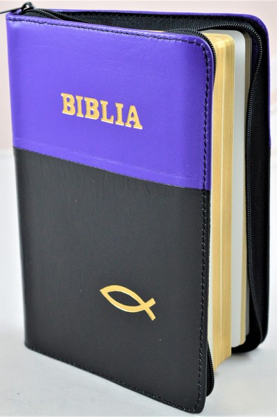 Biblia din piele, medie, mov/negru, fermoar, aurita, simbol peste, cuv. lui Isus cu rosu [052]