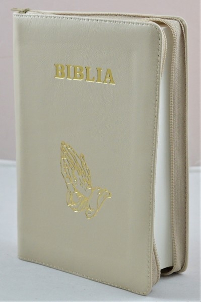 Biblie din piele, mica, culoare bej deschis, fermoar, margini albe, simbolul maini in ruga, cuv. lui Isus in rosu [043 PF]