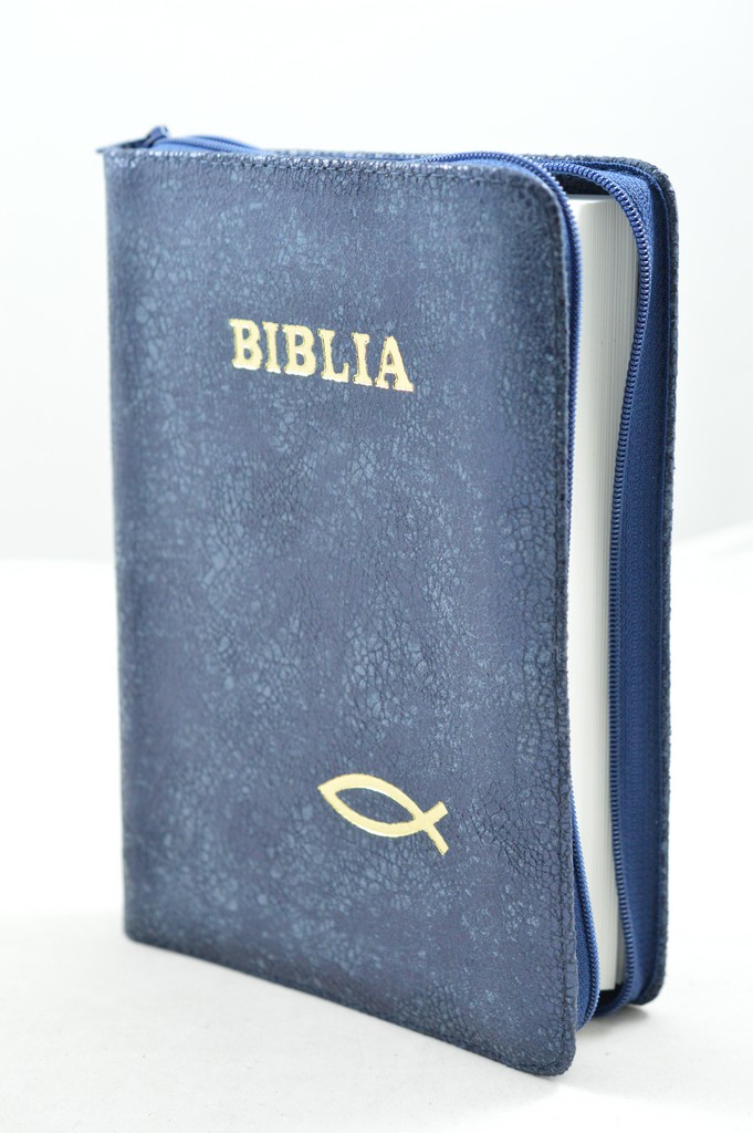Biblia din piele, marime medie, culoare albastru cu imprimeu, fermoar, simbol peste, cuv. lui Isus cu rosu [053]
