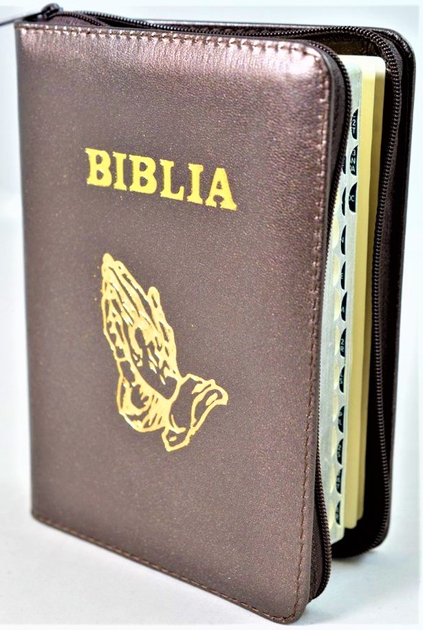 Biblia format mic, din piele, culoare maro sidefat, index, fermoar, margini argintii, simbolul maini in ruga, cuv. lui Isus in rosu [047 PFI]