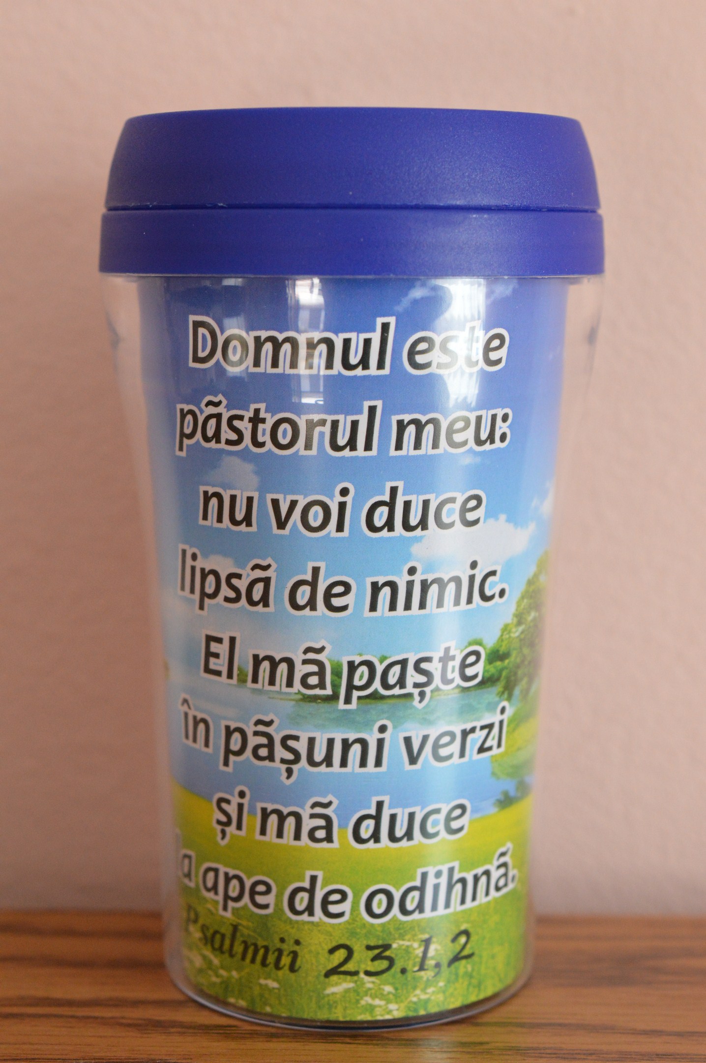 Cana termoizolanta -  Domnul este pastorul meu (9x17cm) albastru Cana termoizolanta -  Domnul este pastorul meu (9x17cm) albastru