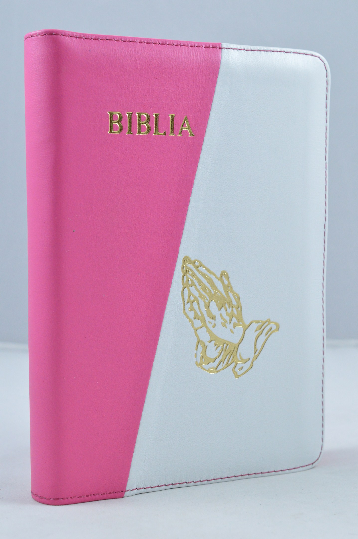 Biblia din piele, medie,roz bombon / alb, fermoar, aurita, cu maini gravate, cuv. lui Isus cu rosu [052]