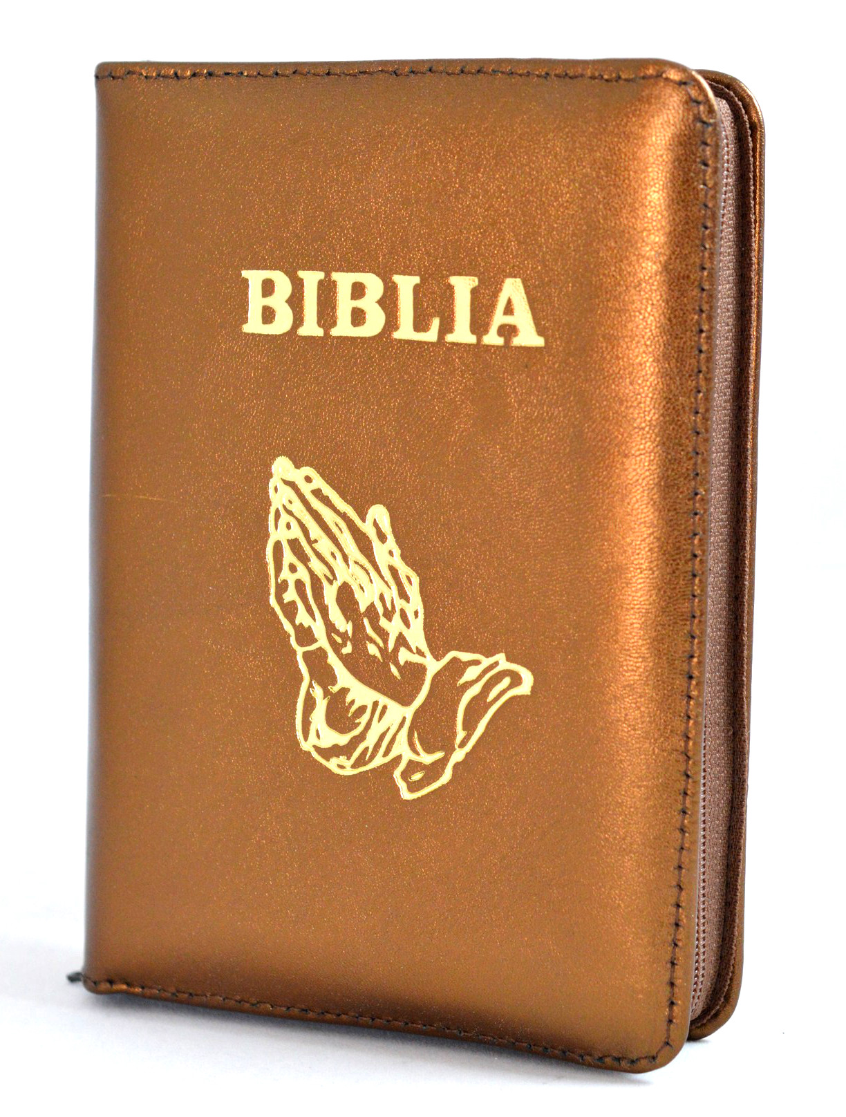 Biblia format mic, din piele, culoare aramie, index, fermoar, margini argintii,simbol maini, cuv. lui Isus in rosu [047 PFI]