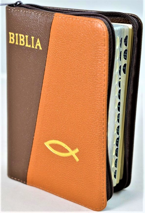 Biblia format mic, din piele, culoare maro inchis/maro, index, fermoar, margini argintii, simbolul peste, cuv. lui Isus in rosu [047 PFI]