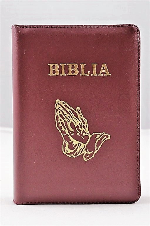 Biblie marime mica, piele, visinie, simbol maini, margini albe, fermoar, cuv. lui Isus cu rosu [043 PF]