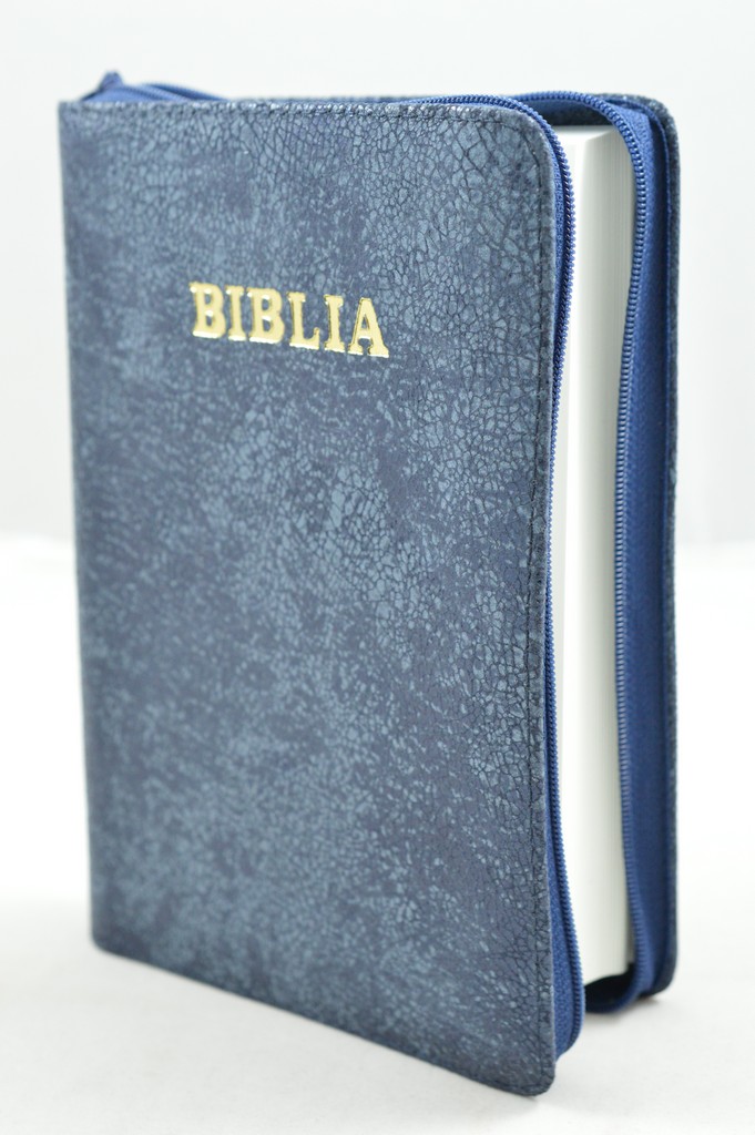 Biblia din piele, marime medie, albastru cu imprimeu, fermoar, cuv. lui Isus cu rosu [053]
