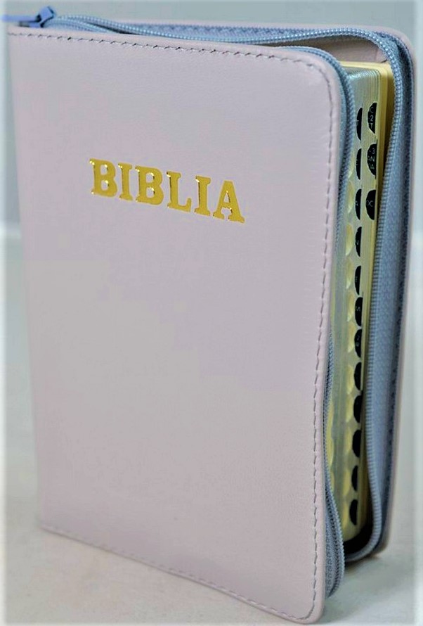 Biblia format mic, din piele, culoare nuanta gri, index, fermoar, margini argintii, cuv. lui Isus in rosu [047 PFI]