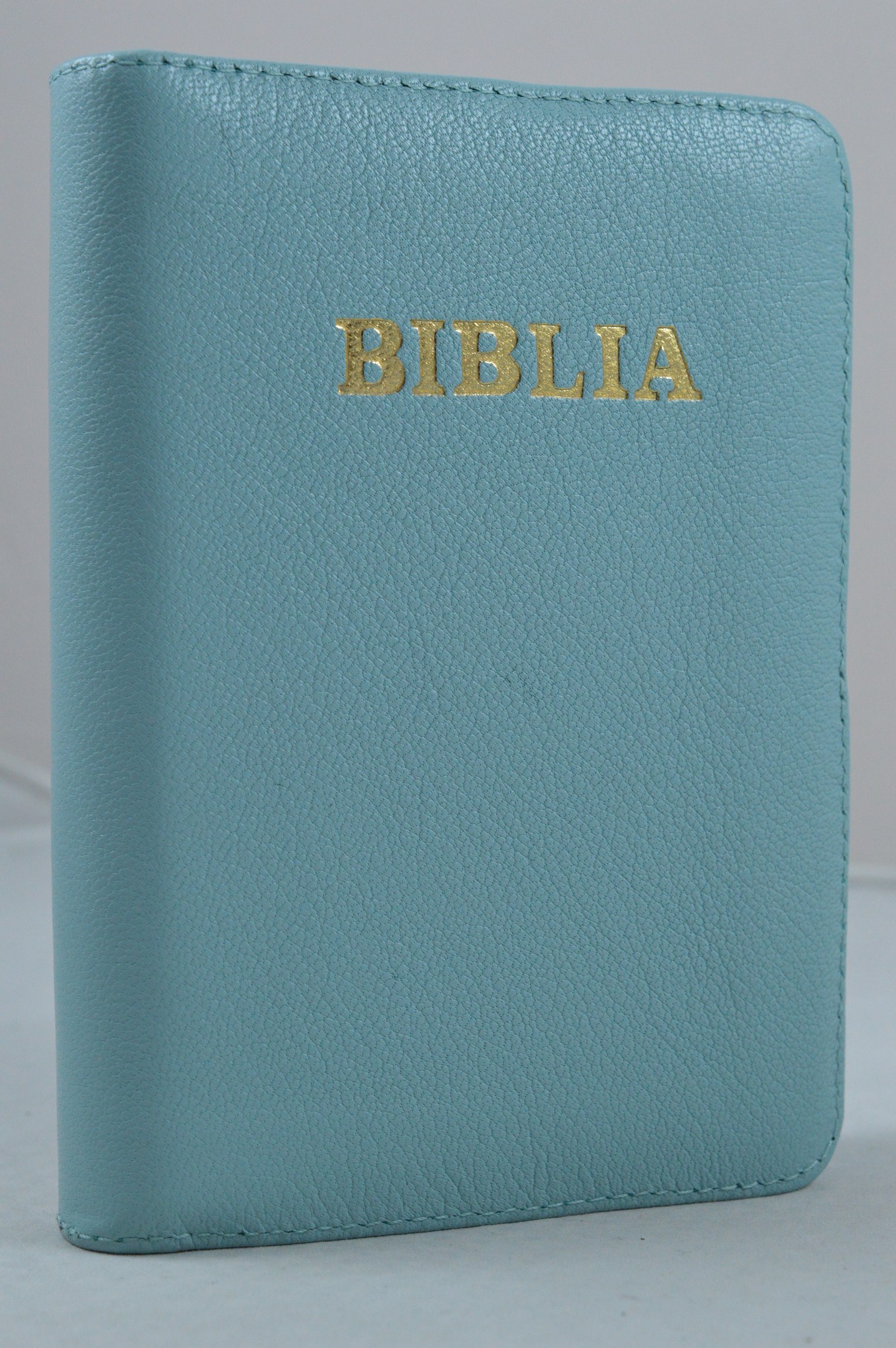 Biblie din piele, dimensiune mica, albastru ciel, fermoar, simbol simpla, cuv. lui Isus in rosu [043 A]