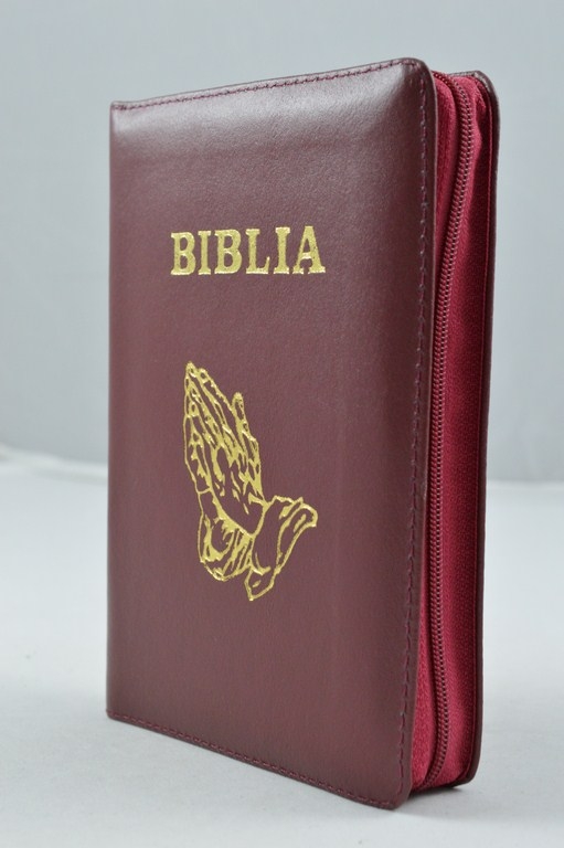 Biblie mica, piele, visinie, index, fermoar, margini aurii, cuv. lui Isus in rosu, simbol maini [047 PFI]