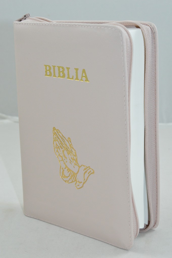 Biblia din piele, marime medie, nuanta cappucino, fermoar, simbol maini, cuv. lui Isus cu rosu [053]