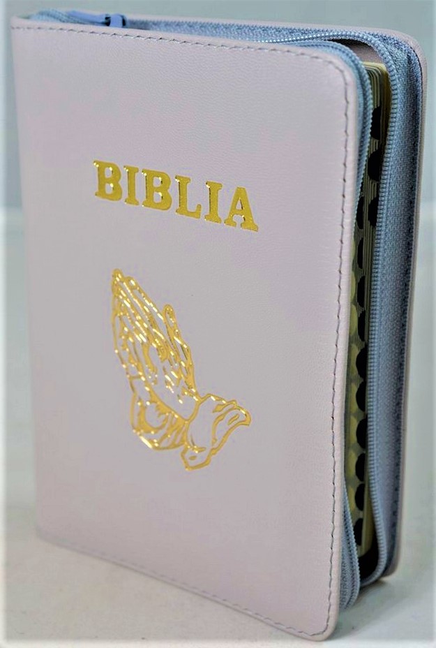 Biblia format mic, din piele, culoare nuanta gri, index, fermoar, margini argintii, simbolul maini in ruga, cuv. lui Isus in rosu [047 PFI]