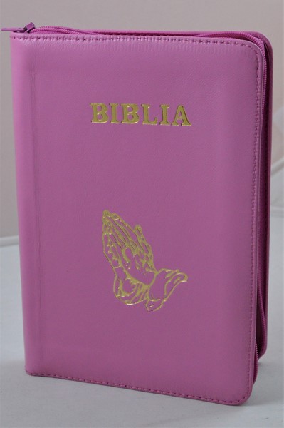 Biblia din piele, medie, roz, fermoar,  simbolul maini in ruga, cuv. lui Isus cu rosu [053]