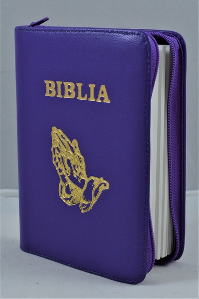 Biblie din piele, mica, culoare mov, fermoar, margini albe,simbol maini in ruga, cuv. lui Isus in rosu [043 PF]