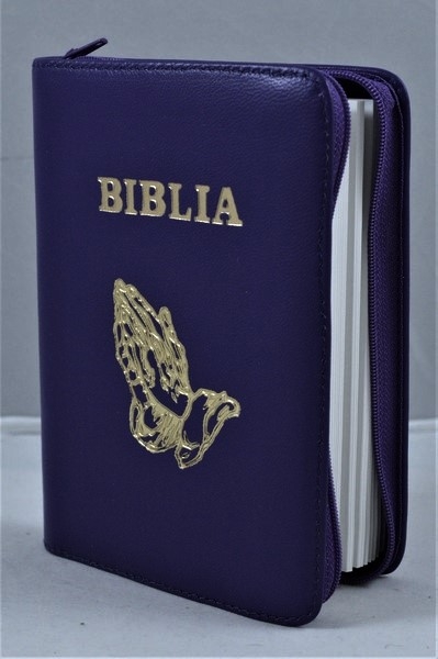 Biblie din piele,marime mica, culoare, mov închis, fermoar, margini albe, simbolul maini in rugaciune, cuv. lui Isus in rosu [043 PF]