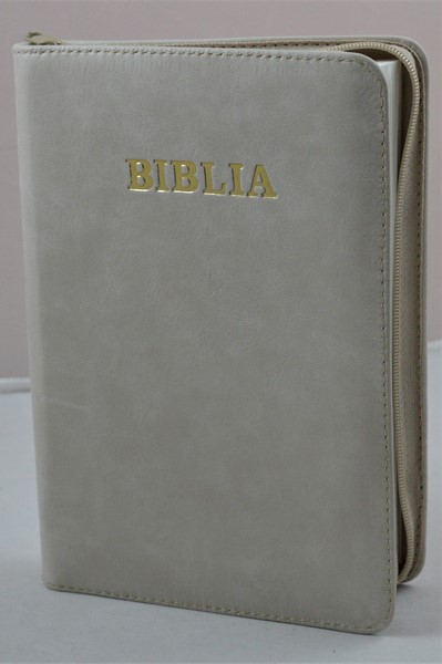 Biblia din piele, marime medie, bej, fermoar, cuv. lui Isus cu rosu [053]