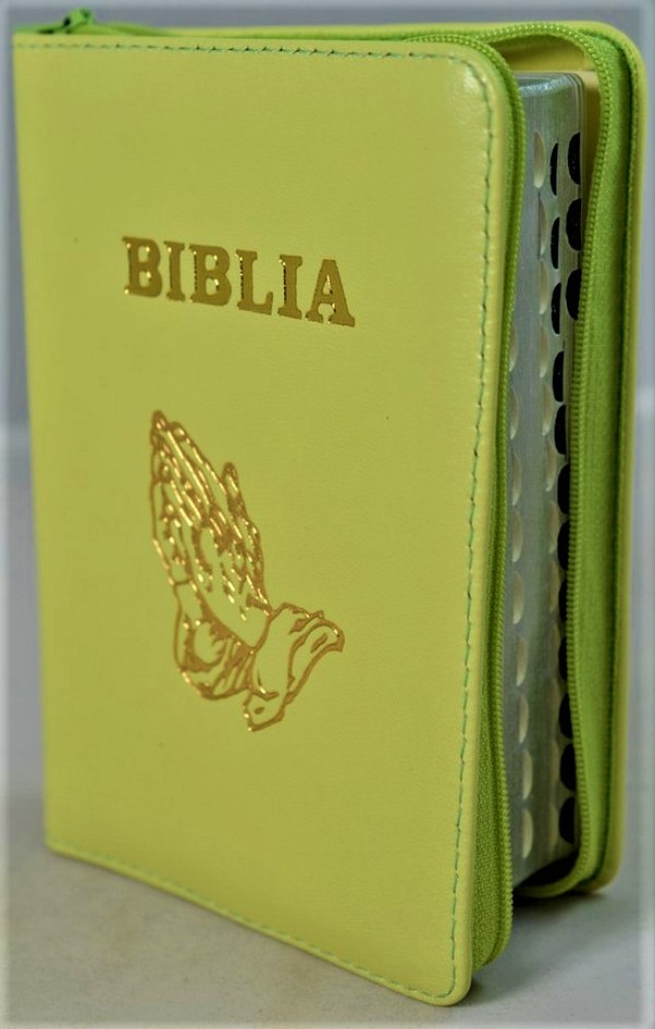 Biblia format mic, din piele, culoare verde deschis, index, fermoar, margini argintii, simbolul maini in ruga, cuv. lui Isus in rosu [047 PFI]