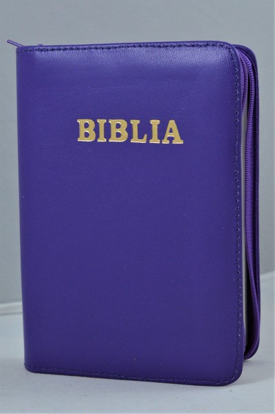 Biblie din piele, mica, culoare mov, fermoar, margini albe, cuv. lui Isus in rosu [043 PF]