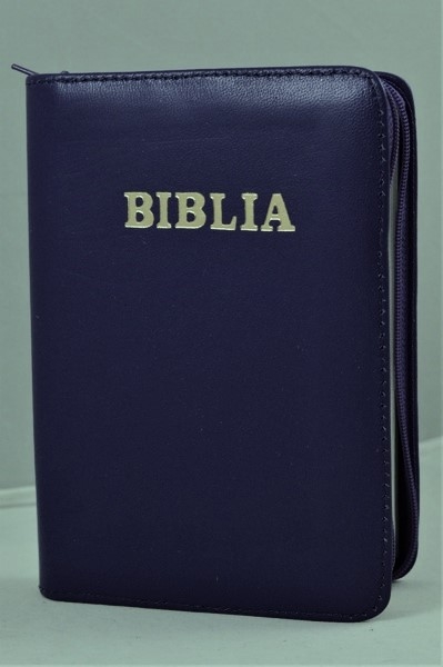 Biblie din piele, marime mica, culoare, mov închis, fermoar, margini albe, cuv. lui Isus in rosu [043 PF]