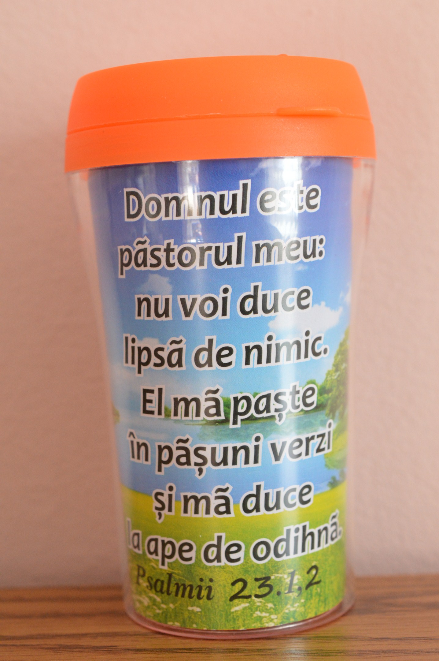 Cana termoizolanta -  Domnul este pastorul meu (9x17cm) portocaliu Cana termoizolanta -  Domnul este pastorul meu (9x17cm) portocaliu