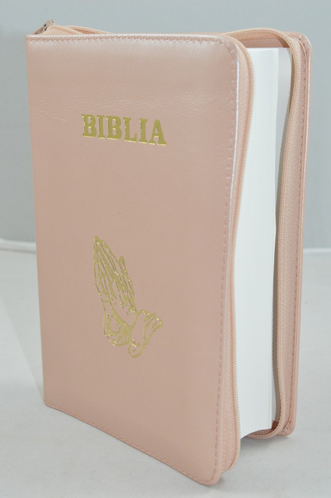 Biblia din piele, marime medie, nuanta roz sidefat, fermoar, simbol maini, cuv. lui Isus cu rosu [053]
