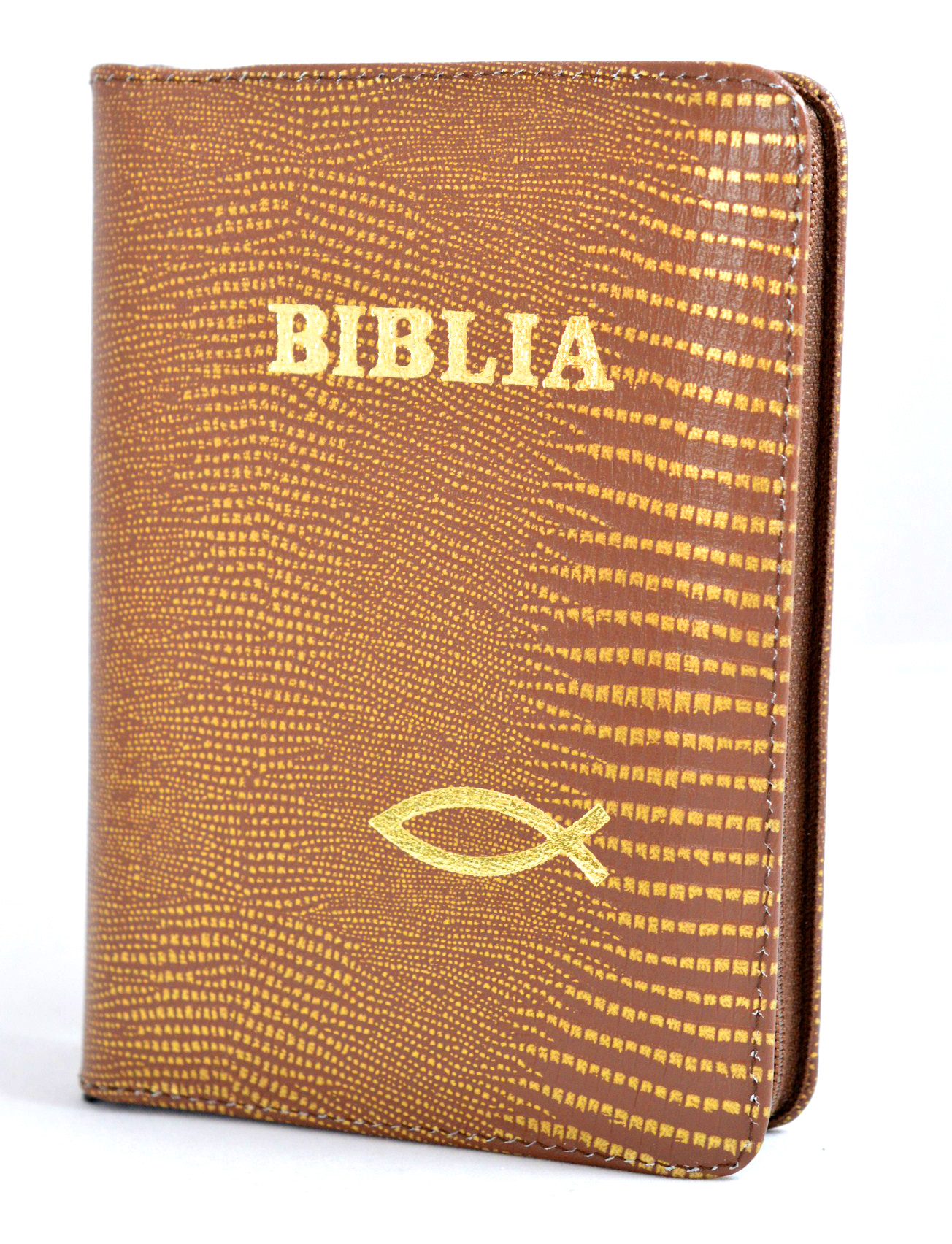 Biblia format mic, din piele, culori maro si auriu, index, fermoar, margini argintii, simbol peste, cuv. lui Isus in rosu [047 PFI]