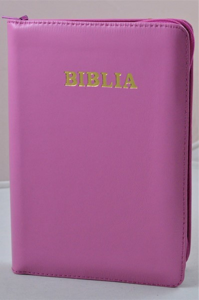 Biblia din piele, marime medie, roz, fermoar, cuv. lui Isus cu rosu [053]