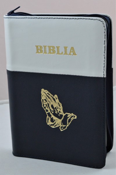 Biblia din piele, medie, negru /alb, fermoar,  simbolul maini in ruga, cuv. lui Isus cu rosu [053]