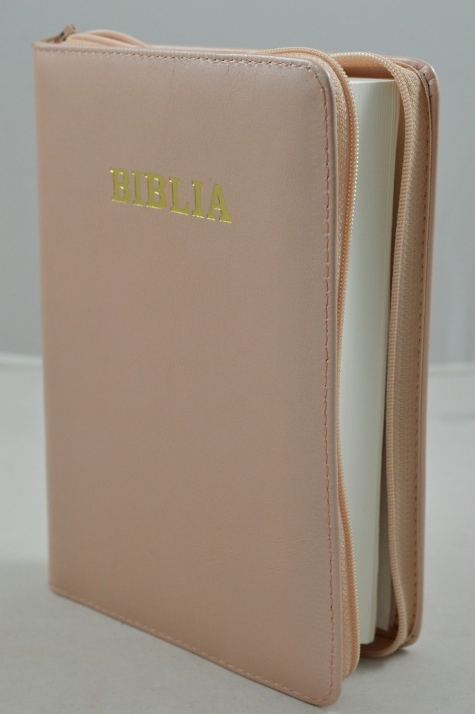 Biblia din piele, marime medie, nuanta roz sidefat, fermoar, cuv. lui Isus cu rosu [053]