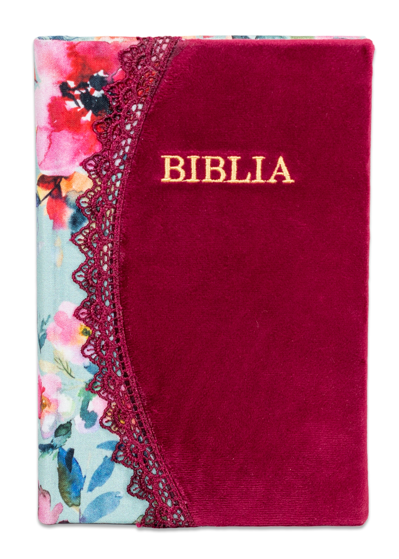 Biblia handmade, model 27, marime medie, coperta tare textila, margini aurii, index, cuv. lui Isus cu rosu [SI 057 HM]