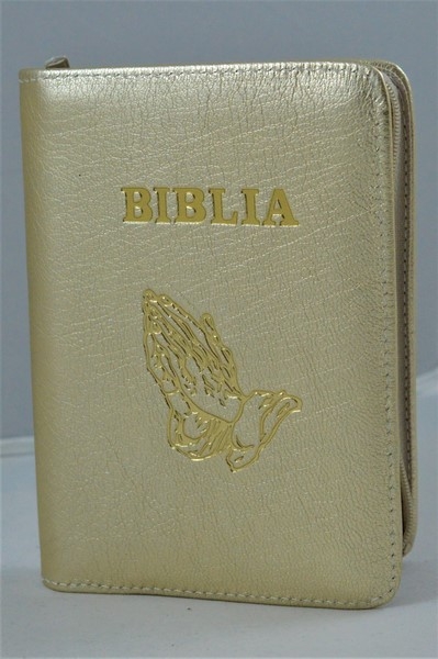 Biblia mica, coperta piele, aurie, index, fermoar, margini aurii, cu maini in ruga, cuv. lui Isus in rosu [047 PFI]