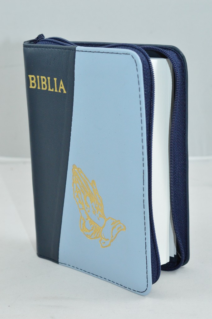 Biblie din piele, mica, culoare bleumarin/albastru deschis, fermoar, margini albe, simbolul maini in ruga, cuv. lui Isus in rosu [043 PF]