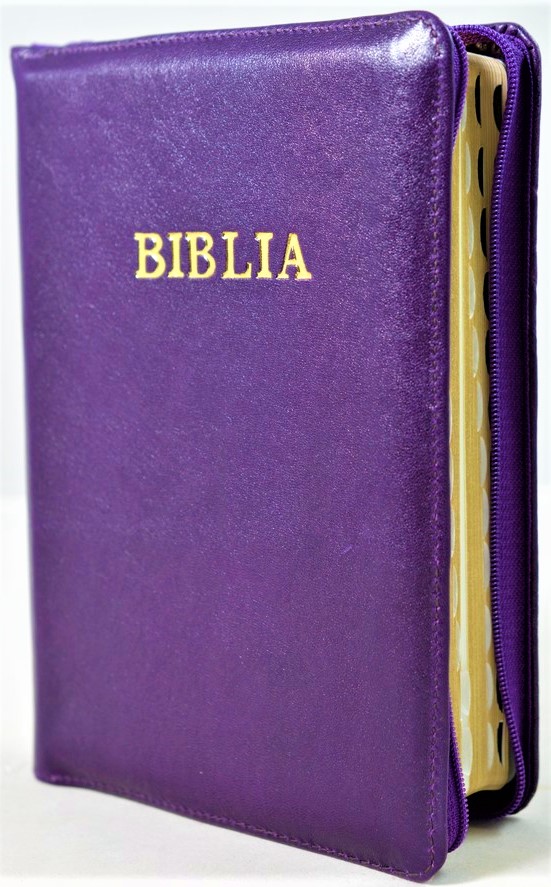 Biblie din piele, marime medie, mov inchis, fermoar, index, margini aurii, cuv. lui Isus cu rosu [SB 057 PFI]