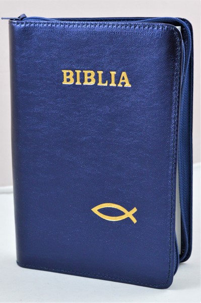 Biblia din piele, marime medie, bleumaren sidefat, fermoar, simbol peste, cuv. lui Isus cu rosu [053]