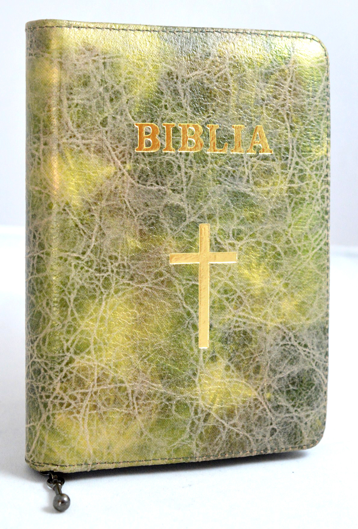 Biblia format mic, din piele, culoare cominatie bej - verde oliv, index, fermoar, margini argintii, simbol cruce, cuv. lui Isus in rosu [047 PFI]