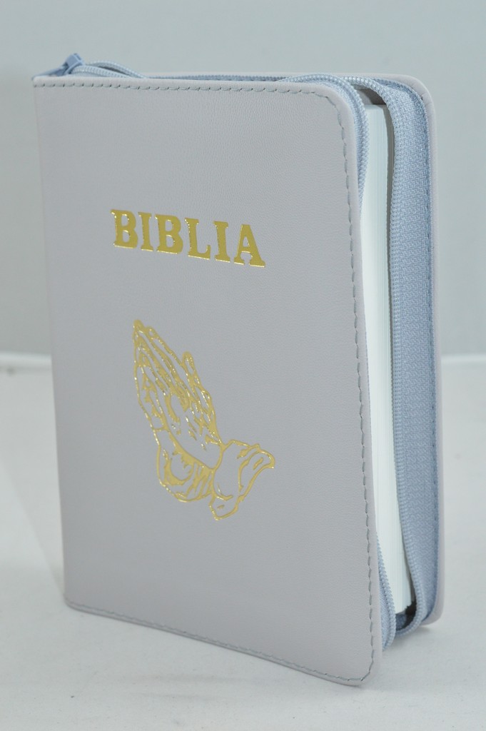 Biblie din piele, mica, nuanta gri deschis, fermoar, cu maini, cuv. lui Isus in rosu [043 A]