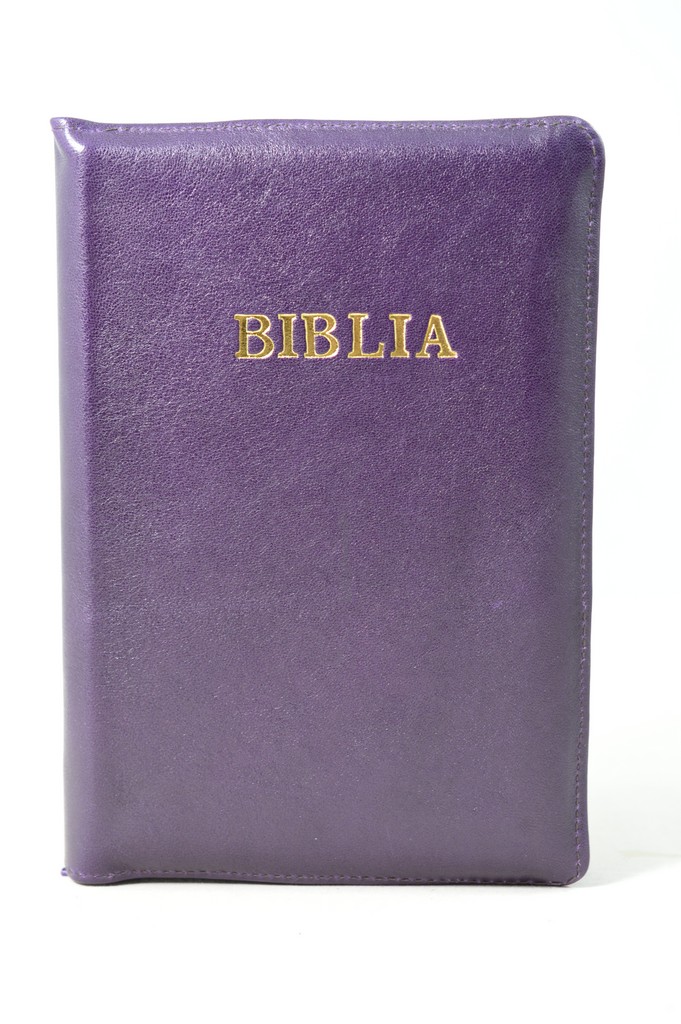 Biblia din piele, marime medie, mov, fermoar, cuv. lui Isus cu rosu [053]