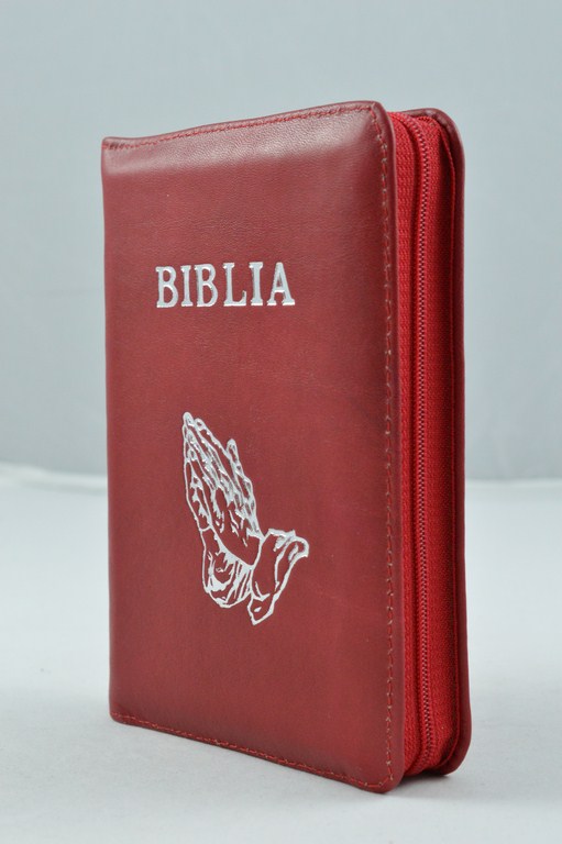 Biblia format mic, din piele, culoare rosie, index, fermoar, margini argintii, cu maini in ruga, cuv. lui Isus in rosu [047 PFI]