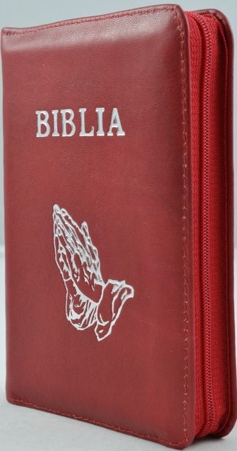 Biblie din piele,marime mica, culoare rosu inchis, fermoar, margini albe, simbolul maini in ruga, cuv. lui Isus in rosu [043 PF]