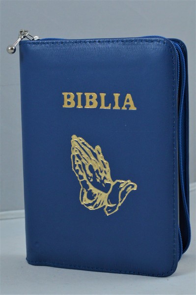 Biblie din piele, mica, albastru inchis, fermoar, margini albe, simbolul maini in ruga, cuv. lui Isus in rosu [043 PF]