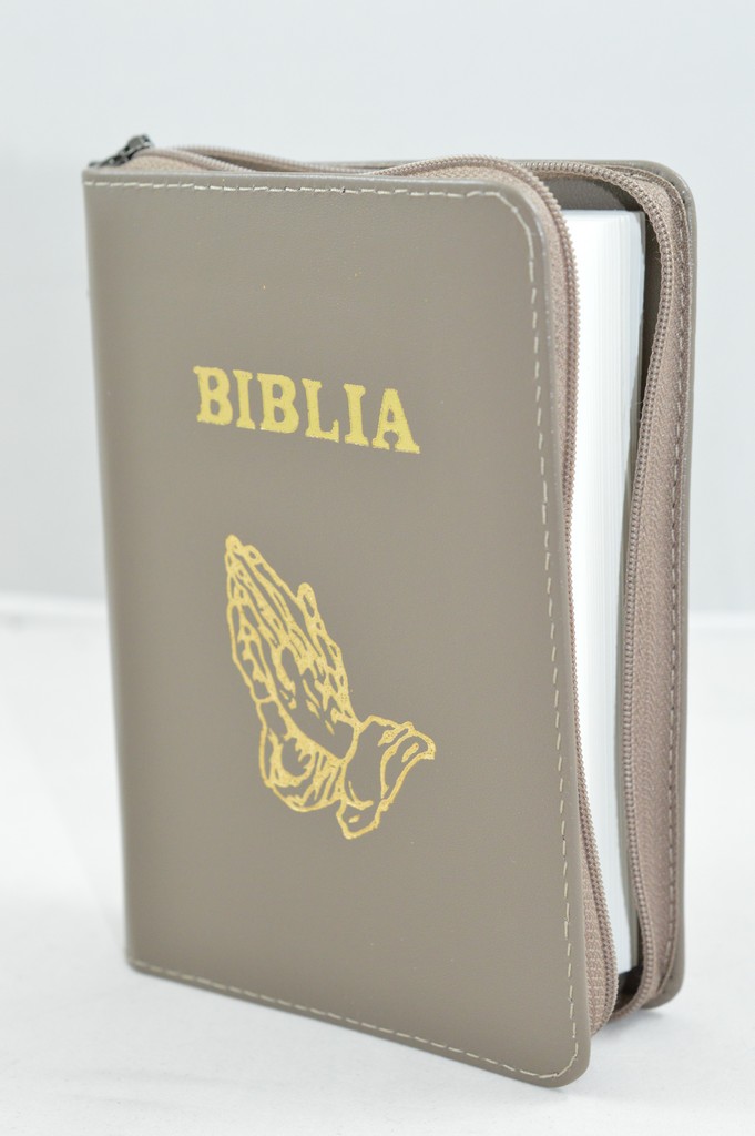 Biblie din piele, mica,culoare kaki, fermoar, cu maini, cuv. lui Isus in rosu [043 A]