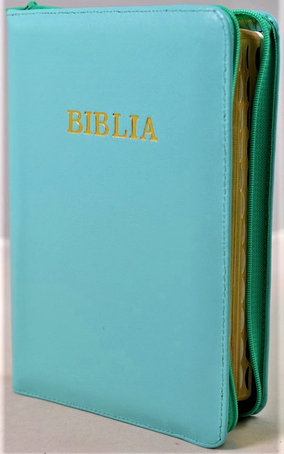 Biblie din piele, marime medie, verde turcoaz, fermoar, index, margini aurii, cuv. lui Isus cu rosu [SB 057 PFI]