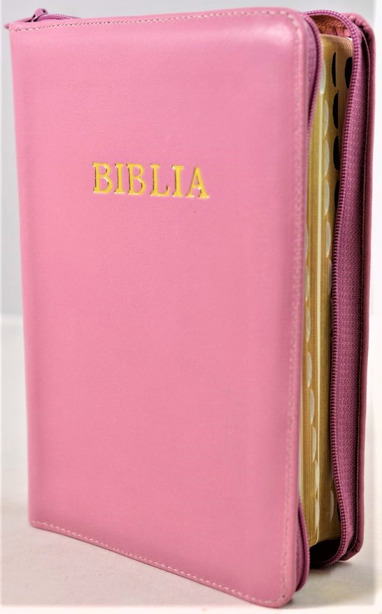 Biblie din piele, marime medie, roz incarnat, fermoar, index, margini aurii, cuv. lui Isus cu rosu [SB 057 PFI]