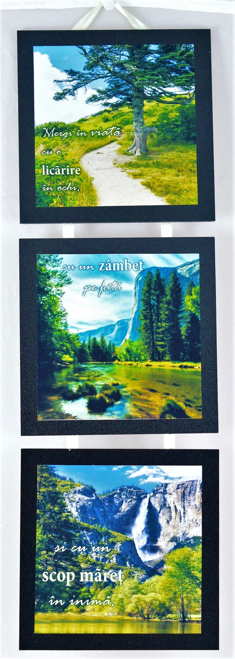 Set 3 mini tablouri - Mergi in viata cu o licarire, un zambet, un scop maret Set 3 mini tablouri - Mergi in viata cu o licarire, un zambet, un scop maret