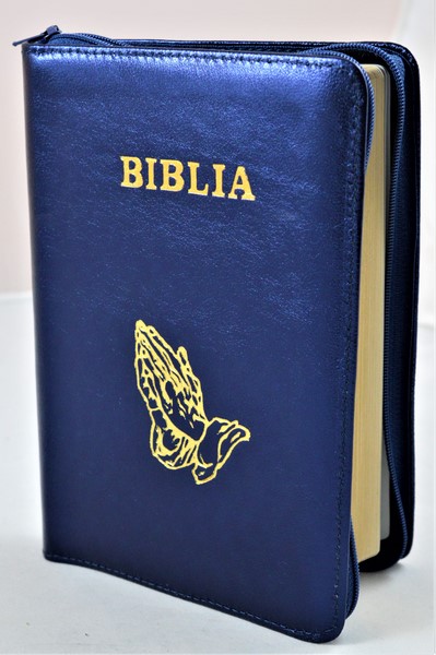 Biblia din piele, medie, bleumarin sidefat, fermoar, aurita, simbolul maini in ruga, cuv. lui Isus cu rosu [052]