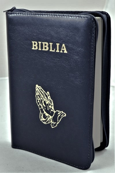 Biblie din piele, marime medie, culoare, bleumarin sidefat, fermoar, margini albe, simbol maini in rugaciune, cuv. lui Isus cu rosu [053]