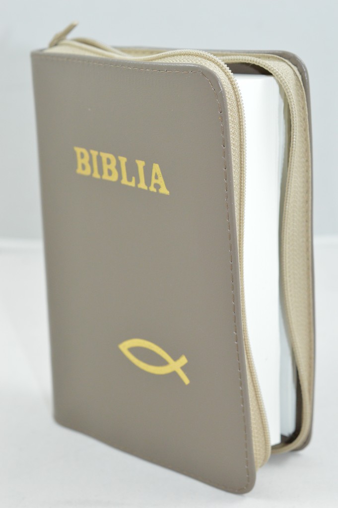 Biblie din piele, mica, culoare kaki , fermoar, margini albe, simbolul peste, cuv. lui Isus in rosu [043 PF]