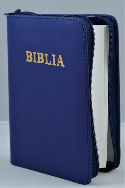Biblie din piele, mica, indigo, fermoar, margini albe, cuv. lui Isus in rosu [043 PF]