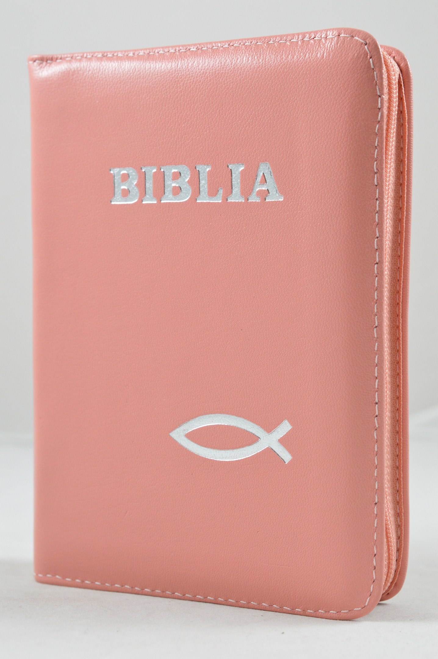 Biblie din piele, mica, roz coral, fermoar, margini albe,simbol peste, cuv. lui Isus in rosu [043 PF]